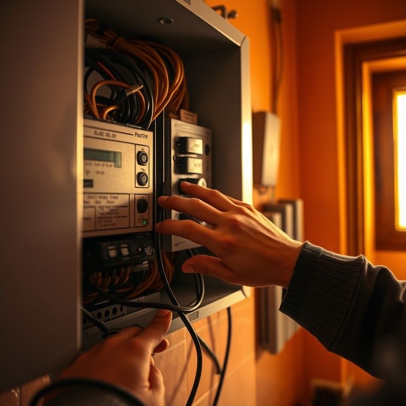 Manos de un técnico inspeccionando un cuadro eléctrico bajo la luz cálida de una vivienda andaluza