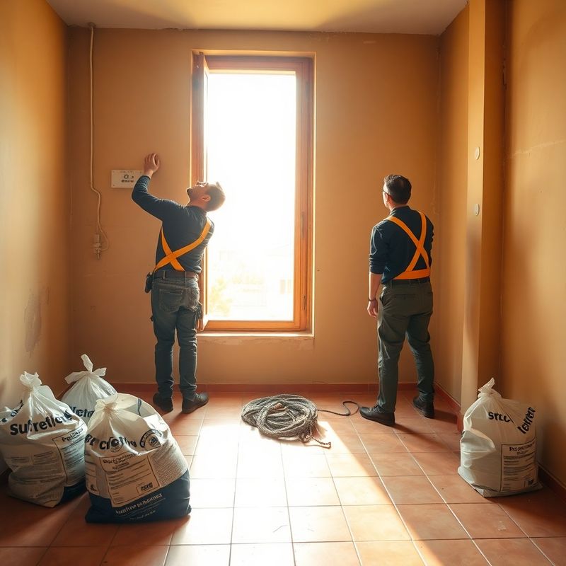 Dos técnicos instalando un circuito eléctrico nuevo en una vivienda con luz dorada entrando por un ventanal