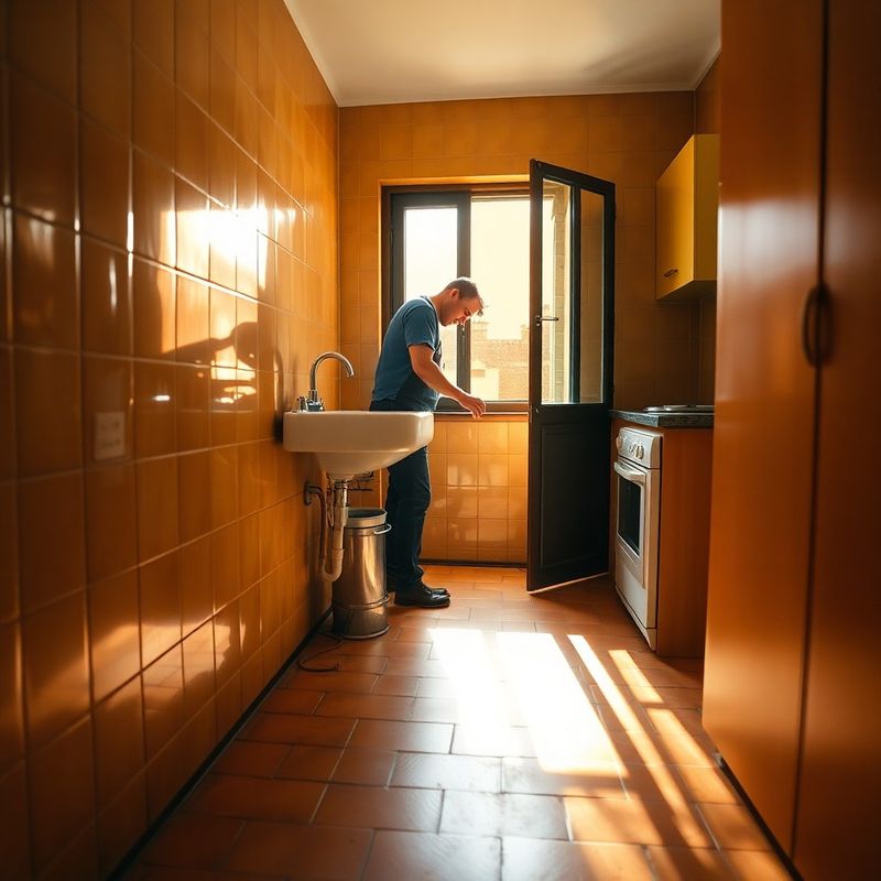 Fontanero trabajando bajo el fregadero de una cocina granadina bañada por luz dorada